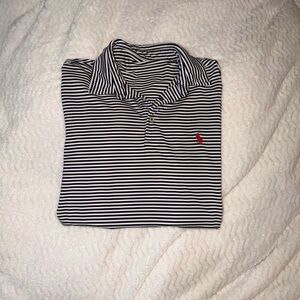Ralph Lauren Navy and White Striped Polo with Red Pony Logo